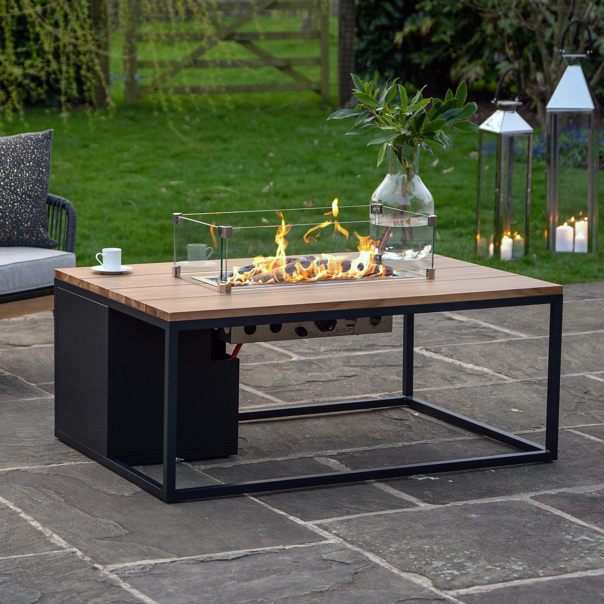Cosiloft 120 Black & Teak Rectangular Coffee Table Fire Pit