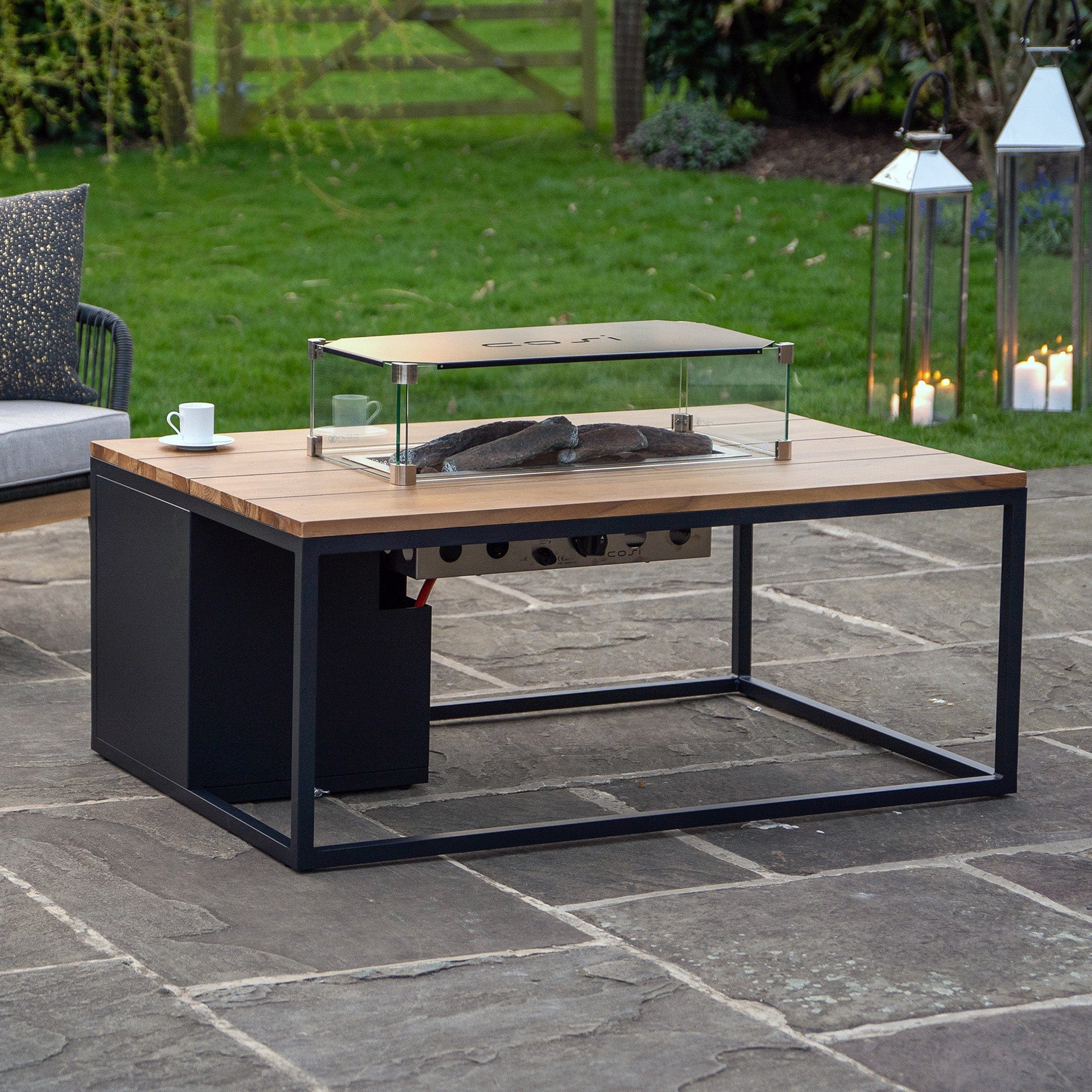 Cosiloft 120 Black & Teak Rectangular Coffee Table Fire Pit