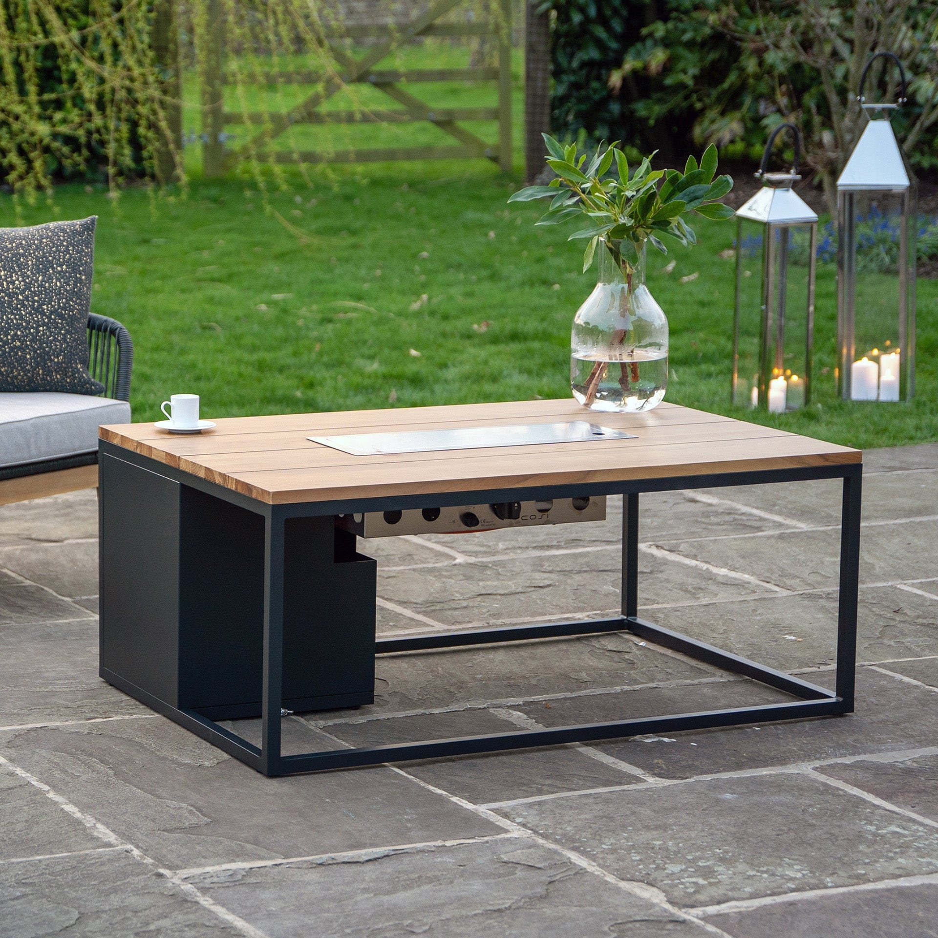 Cosiloft 120 Black & Teak Rectangular Coffee Table Fire Pit