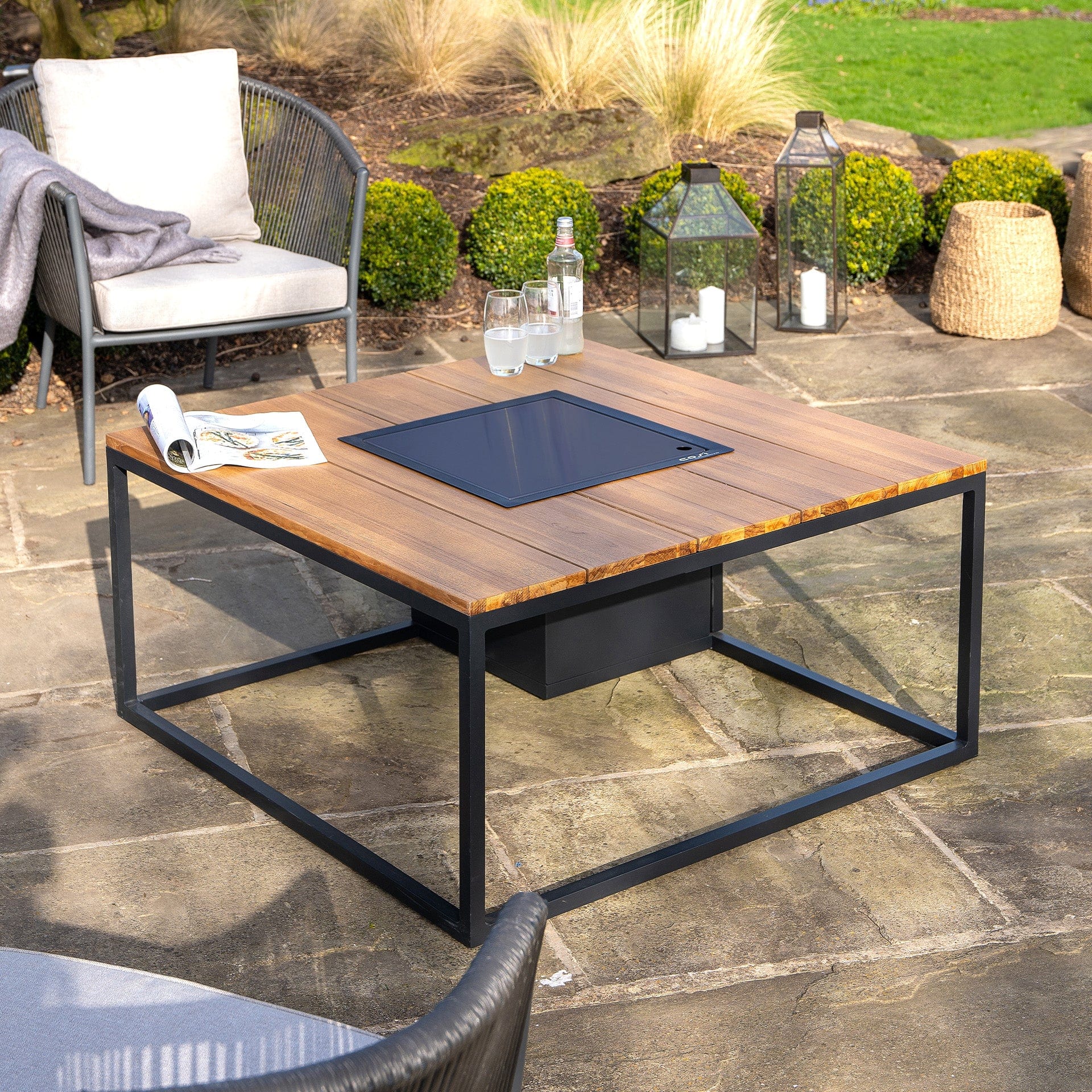 Cosiloft 100 Black & Teak Square Coffee Table Fire Pit