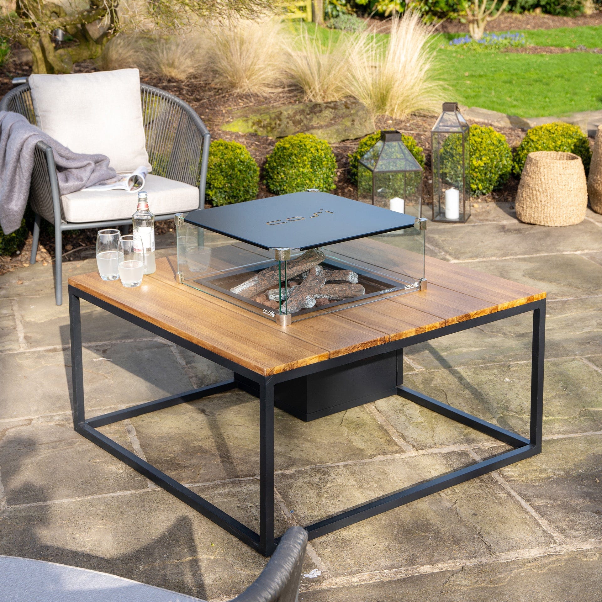 Cosiloft 100 Black & Teak Square Coffee Table Fire Pit