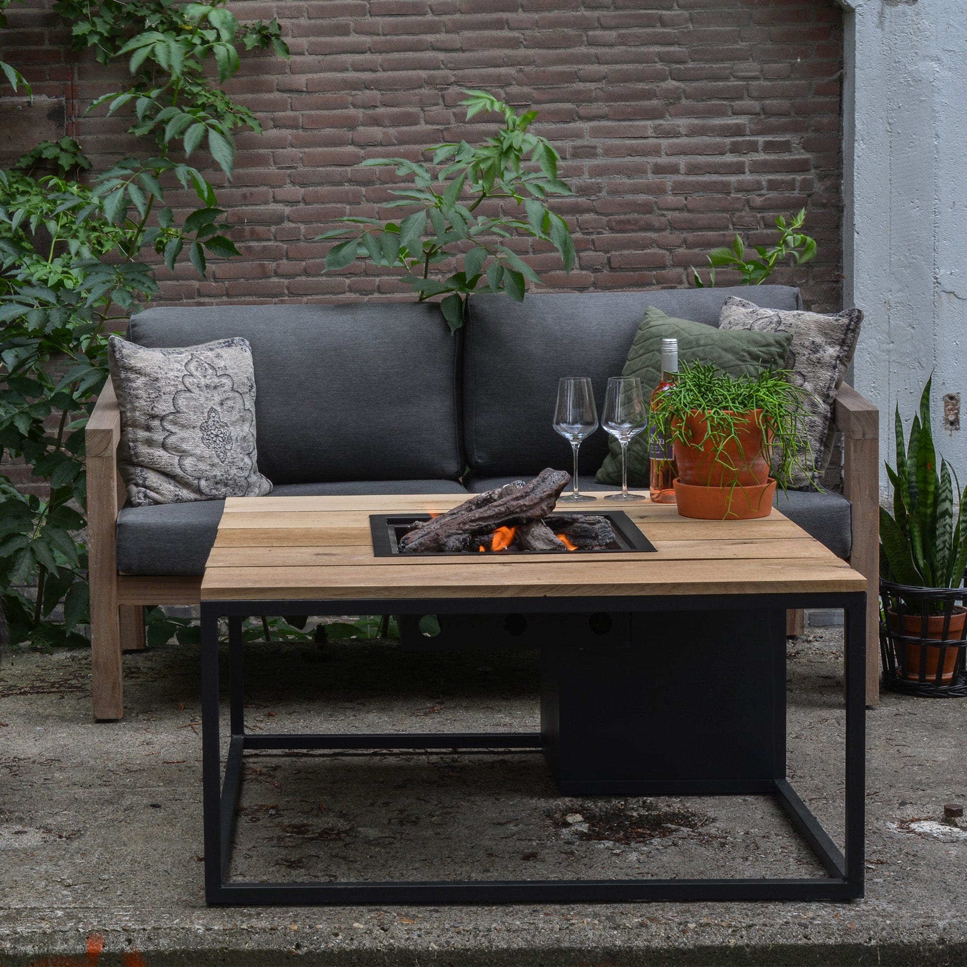 Cosiloft 100 Black & Teak Square Coffee Table Fire Pit