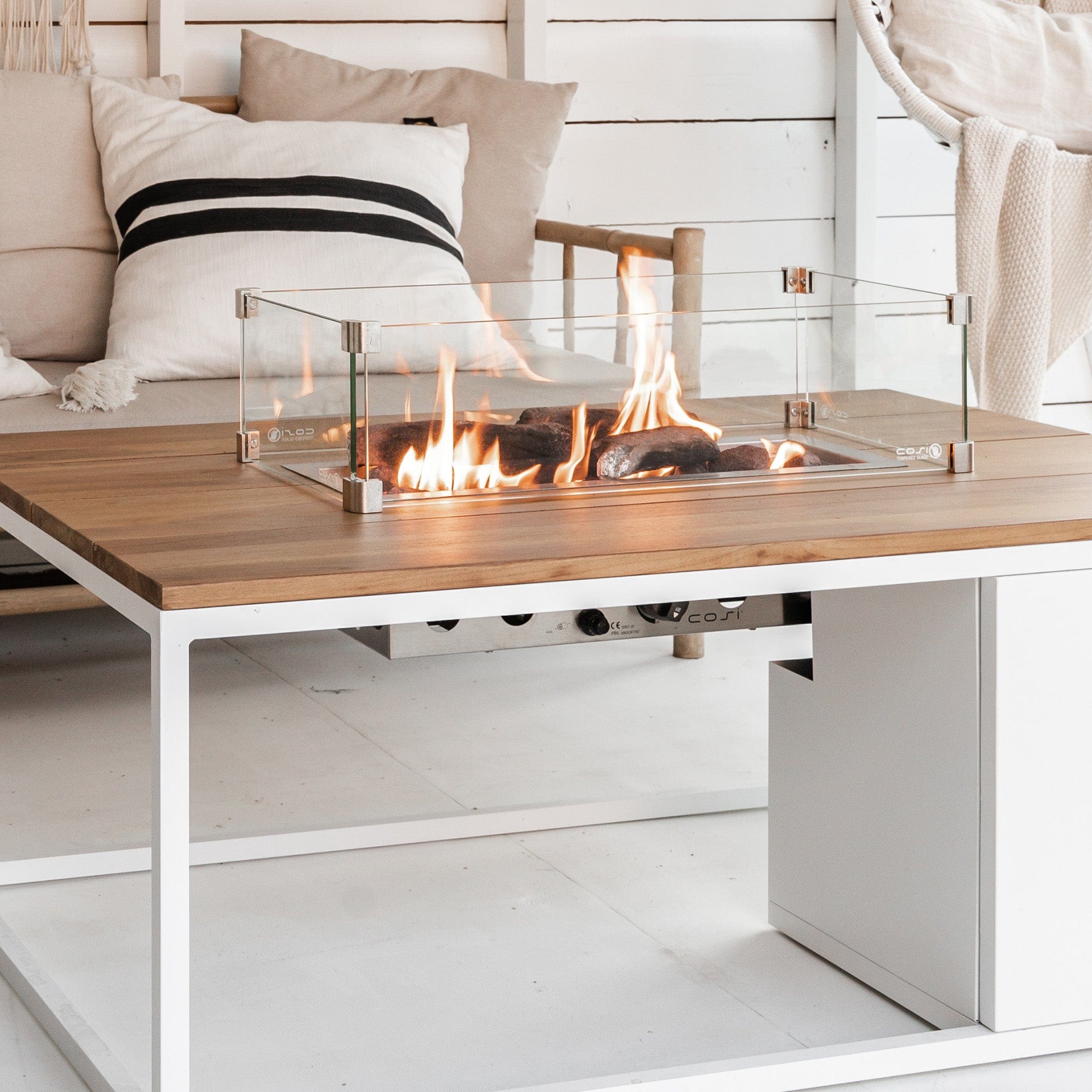 Cosiloft 120 White & Teak Rectangular Coffee Table Fire Pit