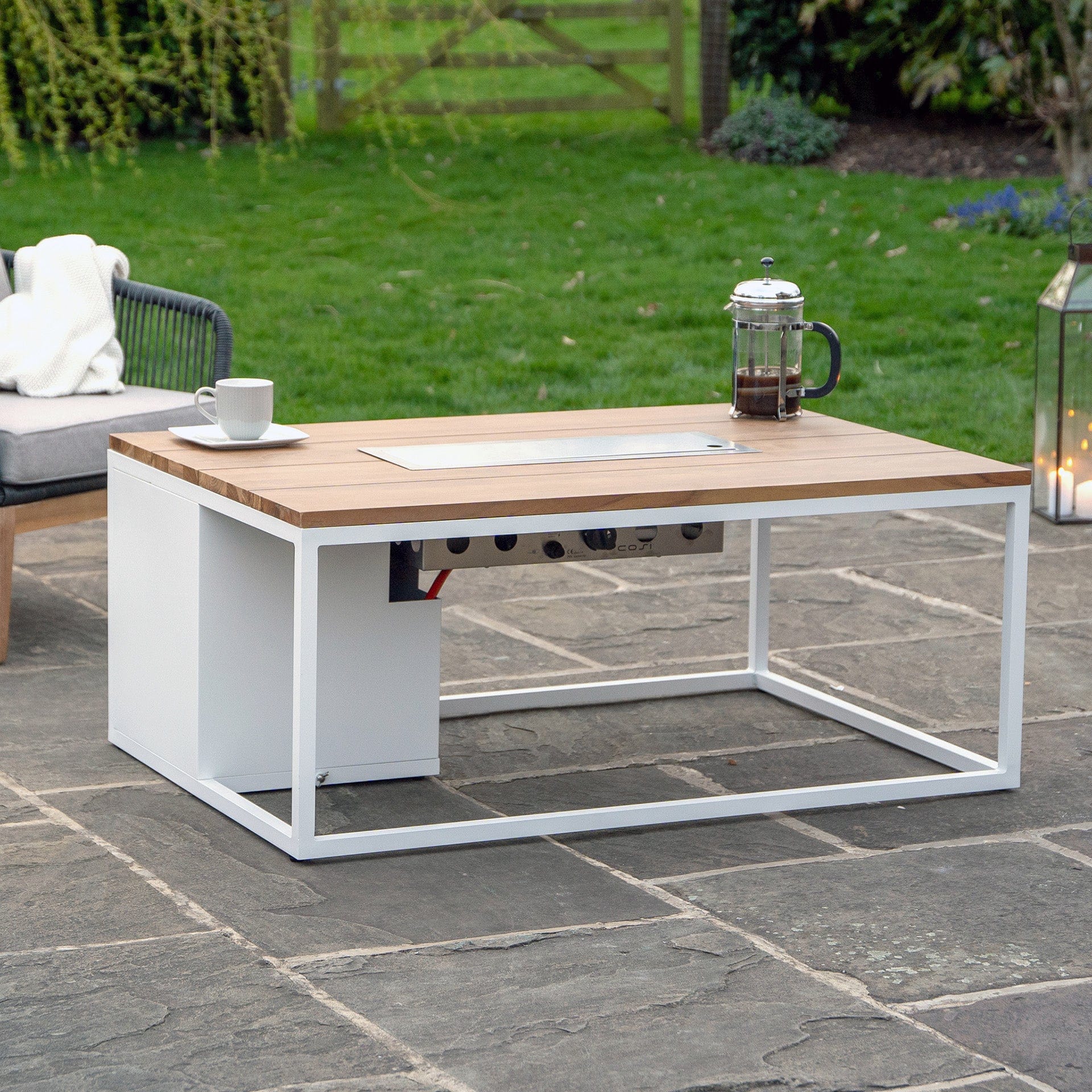 Cosiloft 120 White & Teak Rectangular Coffee Table Fire Pit