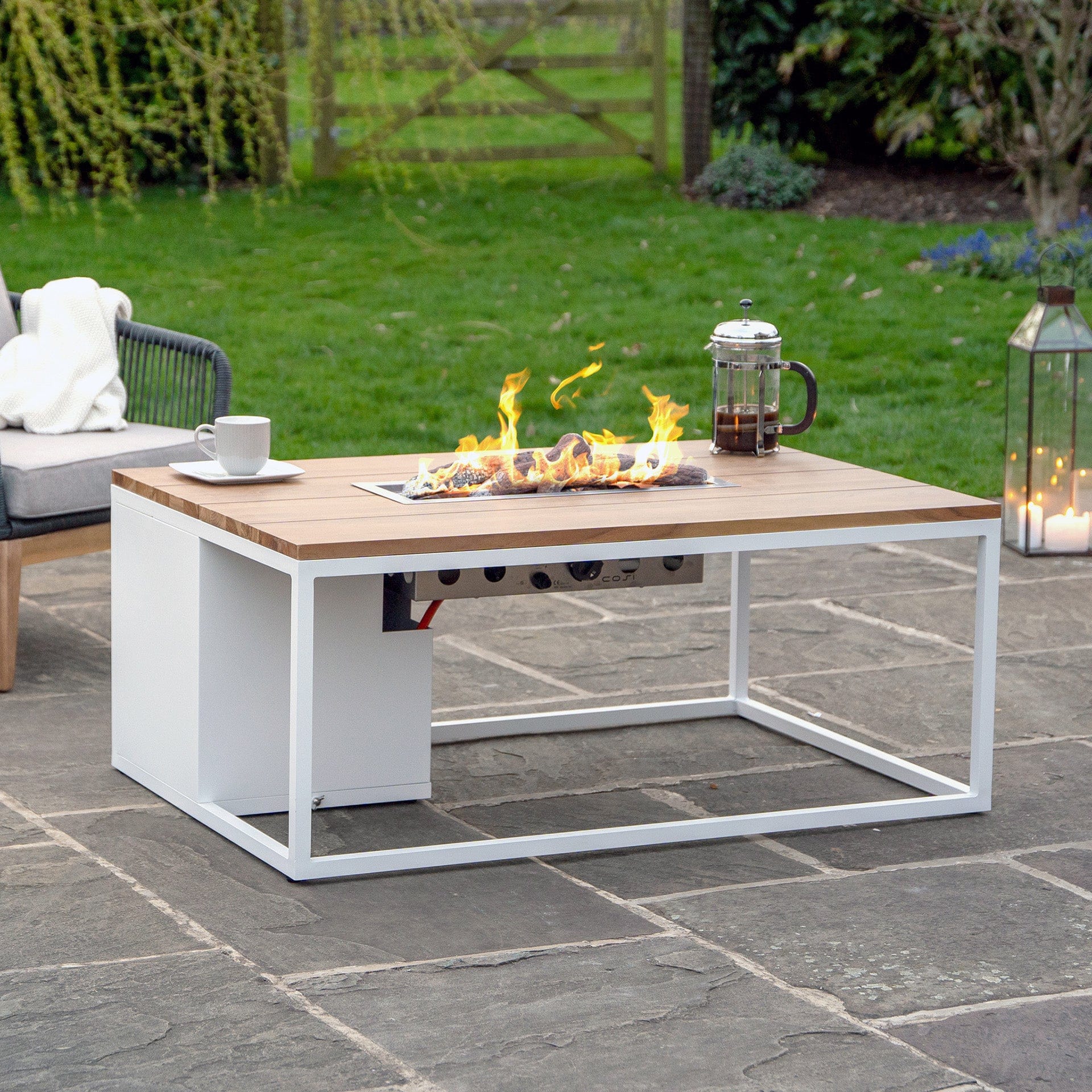 Cosiloft 120 White & Teak Rectangular Coffee Table Fire Pit