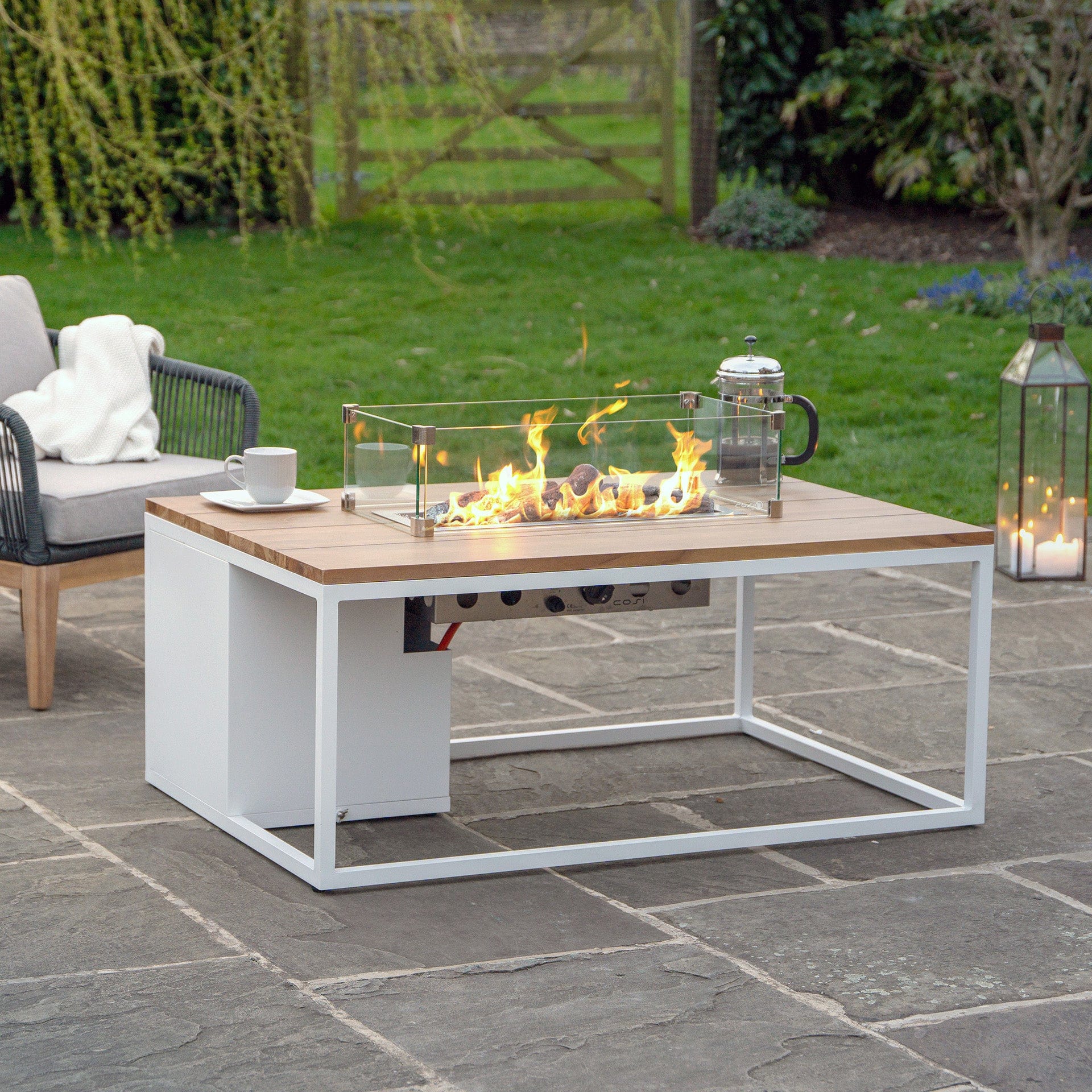 Cosiloft 120 White & Teak Rectangular Coffee Table Fire Pit
