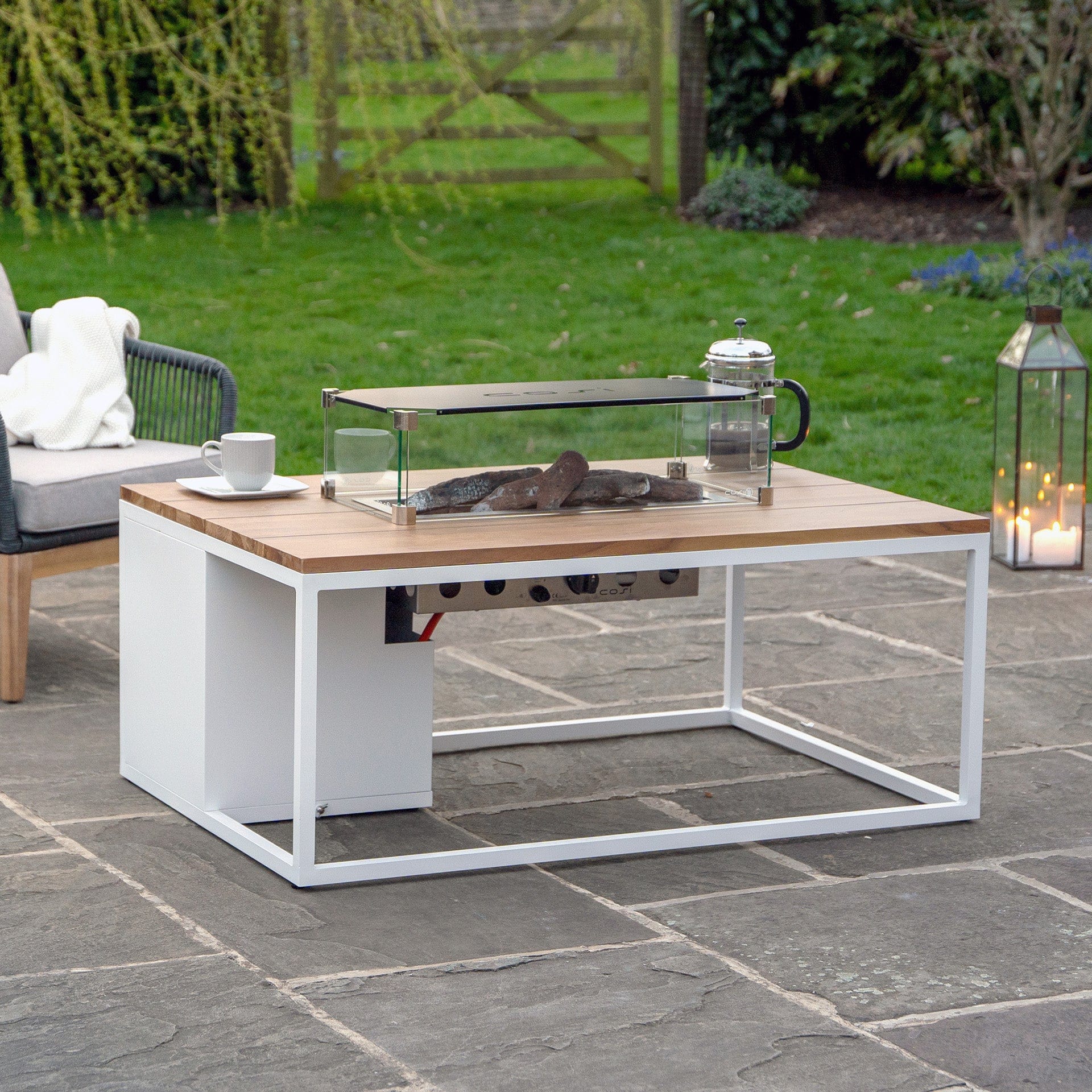 Cosiloft 120 White & Teak Rectangular Coffee Table Fire Pit