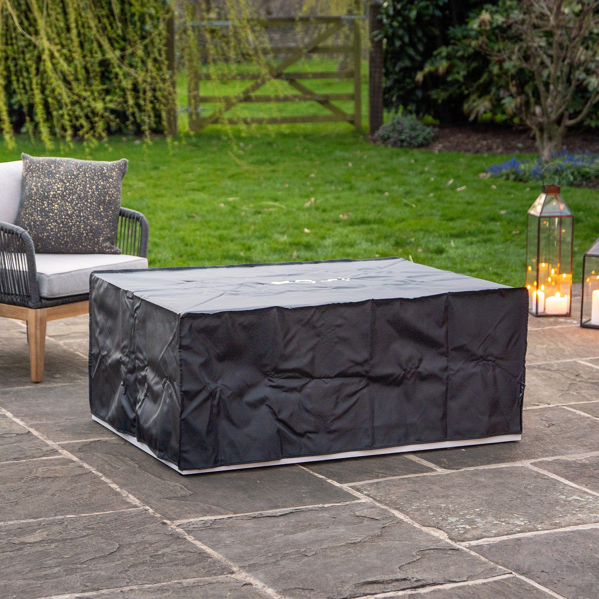 Cosiloft 120 White & Teak Rectangular Coffee Table Fire Pit