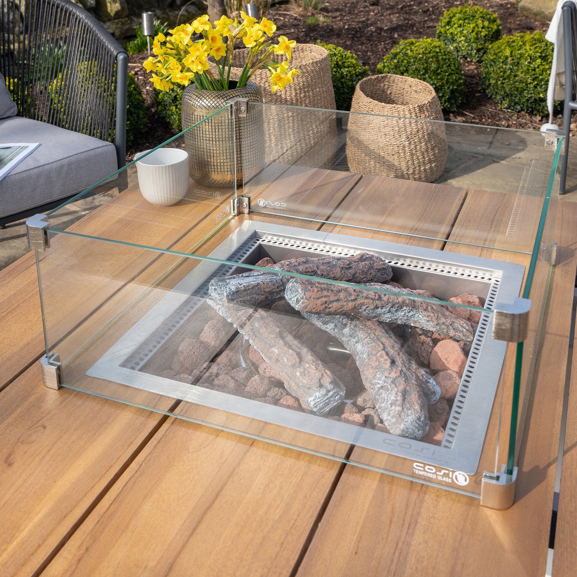 Cosiloft 100 White & Teak Square Coffee Fire Pit Table