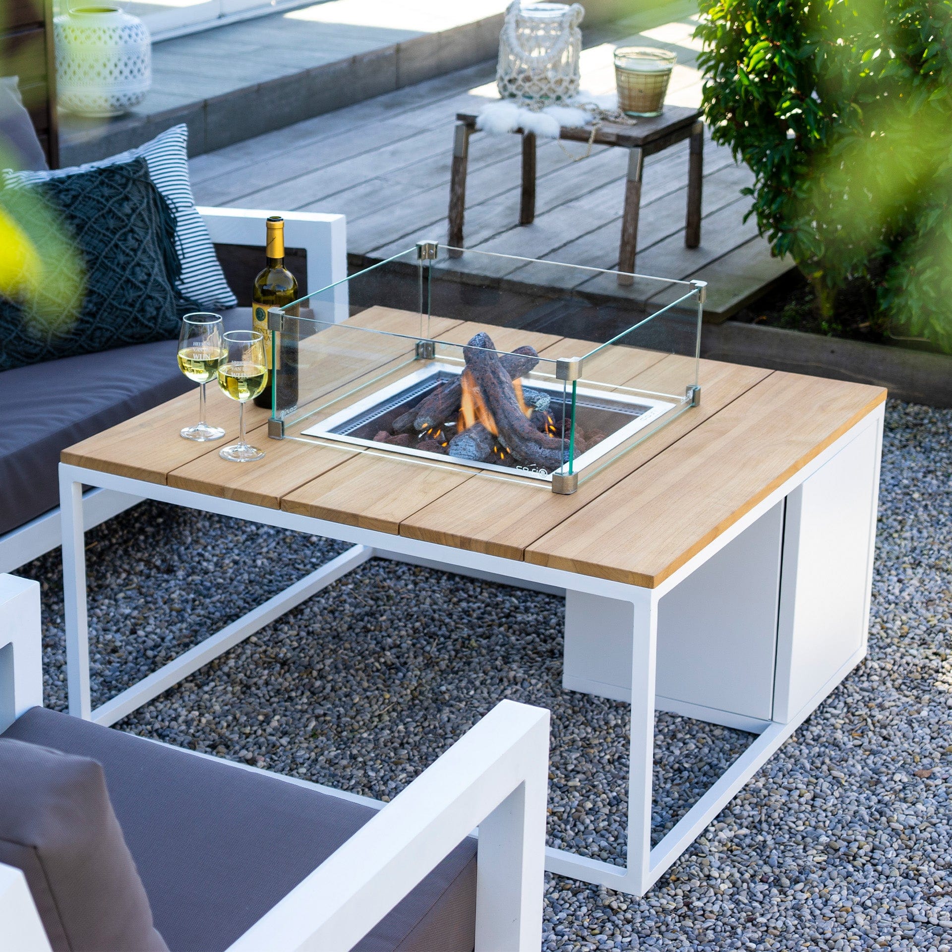 Cosiloft 100 White & Teak Square Coffee Fire Pit Table