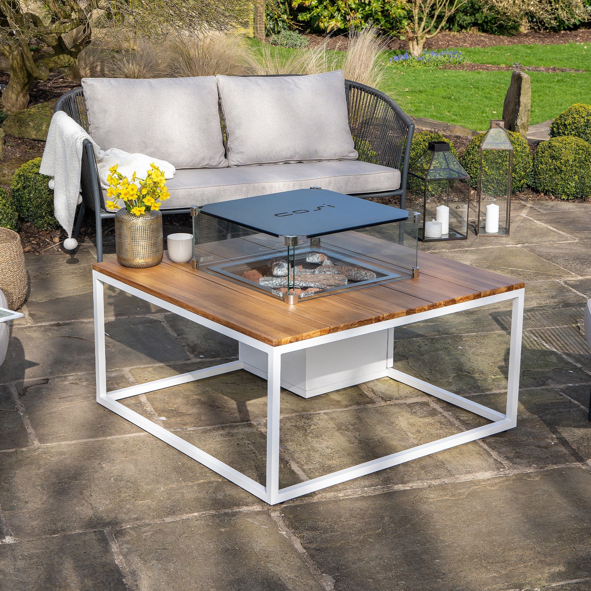 Cosiloft 100 White & Teak Square Coffee Fire Pit Table