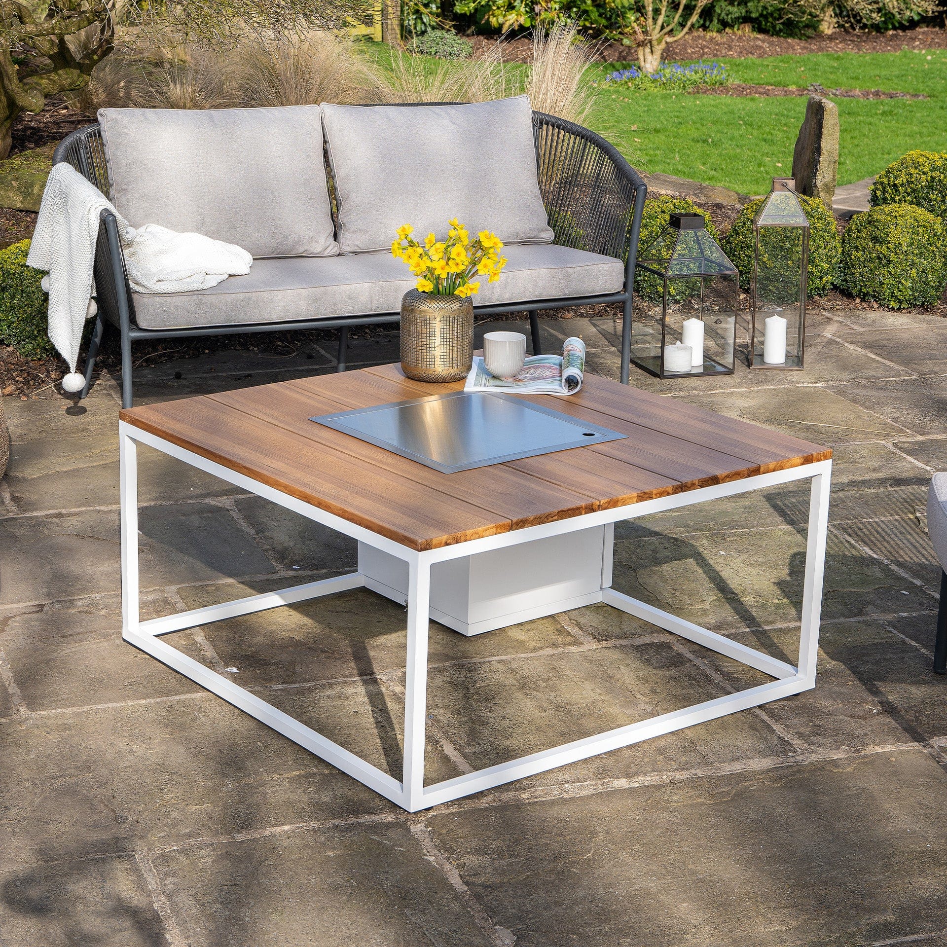 Cosiloft 100 White & Teak Square Coffee Fire Pit Table