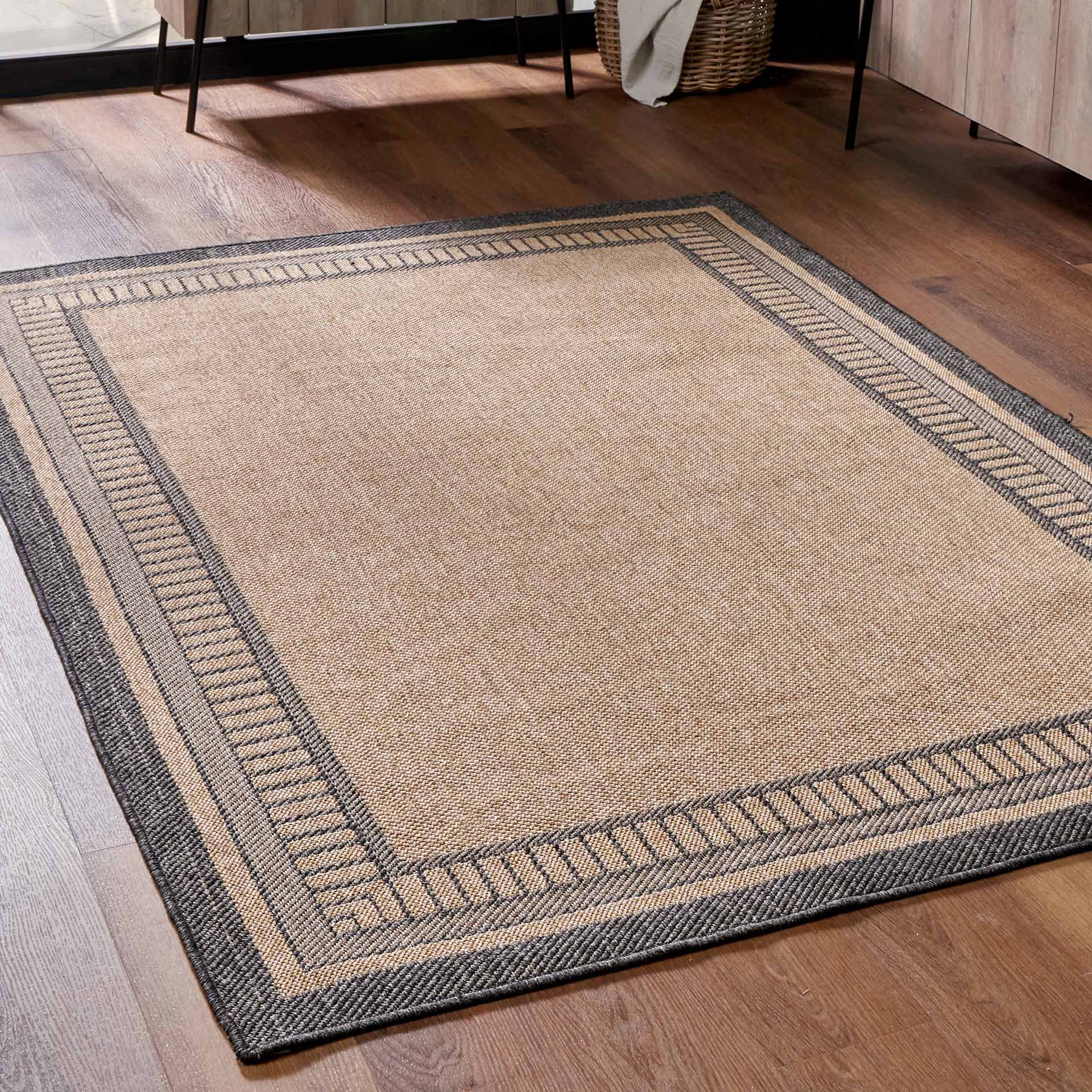 Natural and Black Border Outdoor Rug
