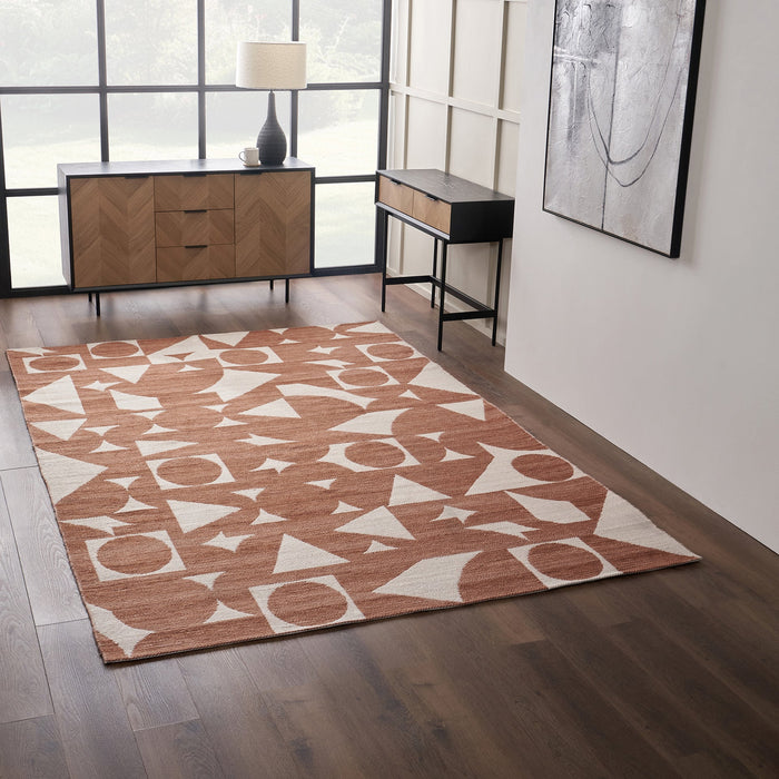 Terracotta & Ivory Geometric Outdoor Rug Large